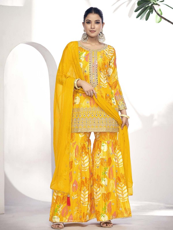 Mustard Premium Fibre Chinon Sharara Suit